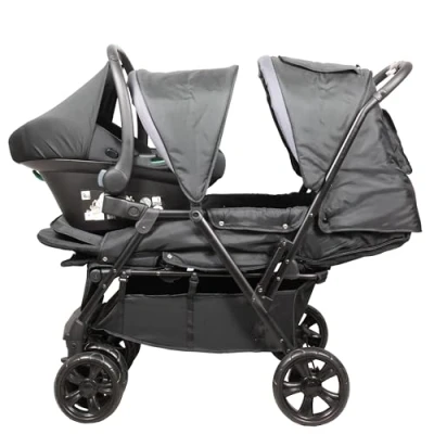 Afbeelding van dubbele kinderwagen BAMBISOL Gecombineerde + I size autostoeltje 4 wielen Zwart