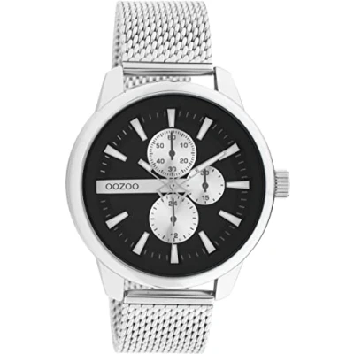 Afbeelding van Oozoo Herenhorloge met Milanese Armband van roestvrij staal 45 mm diameter, wijzerplaat in chrono look, Zwart/Zilver,