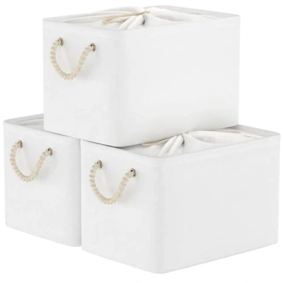 Afbeelding van Set van 3 opbergdozen met deksel 42 x 32 26 cm, opvouwbare stoffen dozen trekkoorddeksel en 2 handvatten, opbergdoos, kubussen, wit