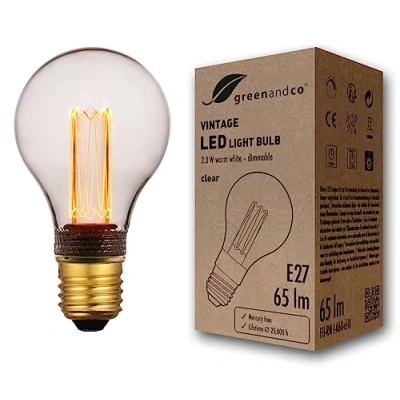 Afbeelding van greenandco® Ledlamp, vintage design, dimbaar, E27 A60, 2,3 W, 65 lm, 1800 K, transparant, extra warm wit, 320 graden, 230 V, flikkervrij, Edison lamp voor sfeerverlichting