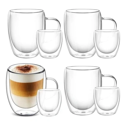 Afbeelding van 8 dubbelwandige koffiekopjes en kopjes van glas, 4 x 350 ml + 80 ml, cappuccinokopjes met latte macchiato, hittebestendig, vaatwasmachinebestendig, voor warme dranken, thee