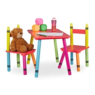 Afbeelding van Relaxdays kindertafel en 2 stoeltjes knutseltafel peuterstoeltje kindermeubelset