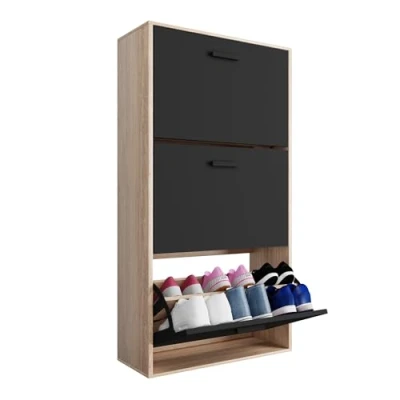Afbeelding van CASABEL Schoenenkast, 18 paar, grote capaciteit voor entree, 60 x 24 113 cm (l b h), zwarte deuren, licht houten frame