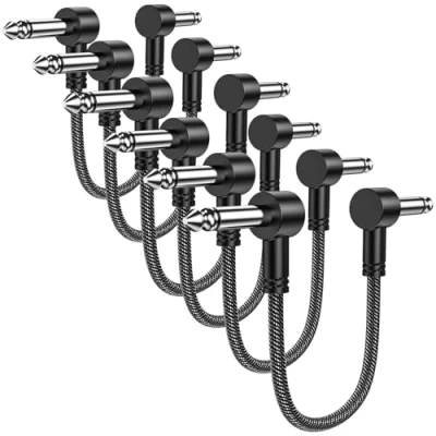 Afbeelding van MOSWAG Set van 6 platte gitaarpatchkabels, 15 cm, kabel voor muziekinstrumenten, 6,35 mm, haakse stekkers, gitaarpatchkabels verschillende pedalen, versterkers