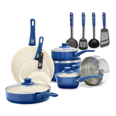 Afbeelding van GreenLife Soft Grip gezonde keramische antiaanbaklaag 16 delige pannenset met braadpan, steelpan en kookpan, PFAS vrij, vaatwasmachinebestendig, Ovenbestendig, Blauw