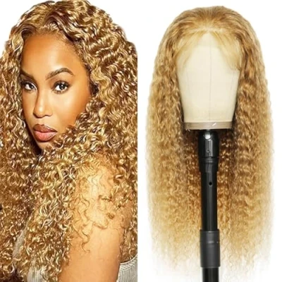 Afbeelding van Tuheerst Blonde pruik van echt haar, krullend, golf, 4 x #27, Zwitsers kant, 100% onbehandeld, Braziliaans Remy Pre geplukt, natuurlijk met babyhaar, geen geur voor dames, 81 cm