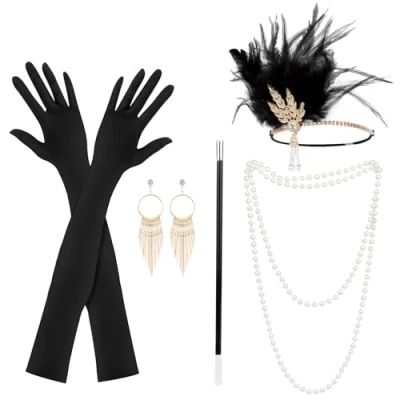 Afbeelding van KEWUZY 5 stuks jaren 20 accessoires Charleston dames met flap hoofdband, handschoenen, parelketting, oorbellen voor Halloween, Kerstmis, zwart, één maat, zwart.