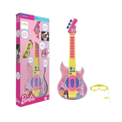 Image de Lexibook, Barbie, Guitare électronique avec micro et lunettes pour chanter style, 2 modes de jeu, Mélodies démonstration, Effets lumineux, Rose/Jaune, K260BB