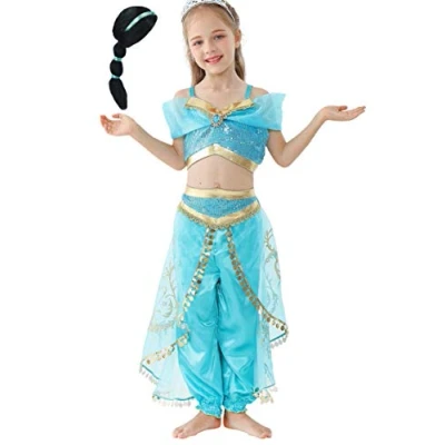 Afbeelding van Lito Angels verkleedkledij prinsessenjurk van Jasmijn met pruik voor kinderen en meisjes, Halloween party, carnaval, maat 8 9 jaar