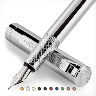 Afbeelding van Scriveiner Luxe EDC vulpen (dun), leuke zakpen met chromen afwerking, Duitse Schmidt veer, converter, cadeauset schrijfpen voor dames en heren, kantoor