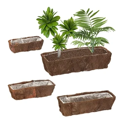Afbeelding van Relaxdays plantenbak set van 4 lage bloembak vensterbank natuurlijke balkonbak smal
