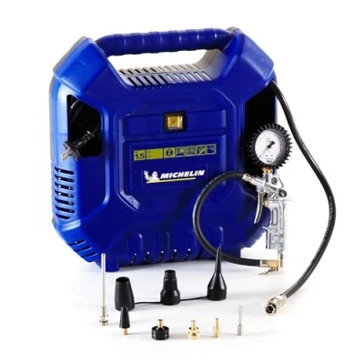 Afbeelding van MICHELIN MB1 draagbare compressor + bandenpomp (1 meter slang, opblaaspistool, mondstukken) zonder tank olievrij Vermogen 1,5 pk maximum druk 8 bar luchtdebiet 160 l/min