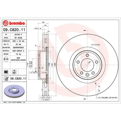 Afbeelding van BREMBO 09.C820.11 Remschijf 380 34 5 interne ventilatie Gecoat High carbon LAND ROVER: Range Rover Sport, 4, Discovery