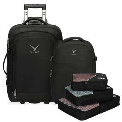 Afbeelding van Hynes Eagle 2 in 1 converteerbare rugzak met wieltjes, reisrugzak, 63 l, handbagage 43 afneembare 20 l en verpakkingskubussen, zwart., informeel