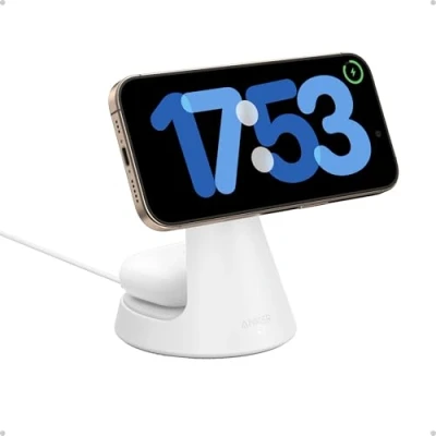 Afbeelding van Anker MagGo 2 in 1 oplaadstation, compatibel met MagSafe, Qi2 gecertificeerde draadloze iPhone oplader, 15 W, verstelbaar en super robuust, voor serie 16/15 meer (adapter niet inbegrepen)