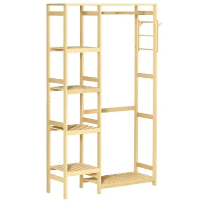 Afbeelding van HOMCOM Kledingrek bamboe kledingkast kapstok met planken, stang en 2 haken afm. 90 x 30 155 cm