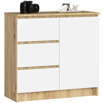 Afbeelding van AKORD K 80 Jerry Commode met 3 laden, 2 planken en 1 deur, voor woonkamer, slaapkamer, modern, gelamineerde plaat 16 mm, x 77 35 cm, ambachtelijk eiken witte voorkant