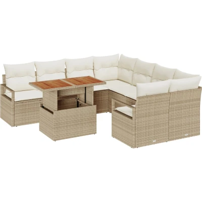Afbeelding van vidaXL 9 delige Tuin Sofa Set met Kussens Beige Poly Rattan, 2 zits Opslag &amp; Rattan