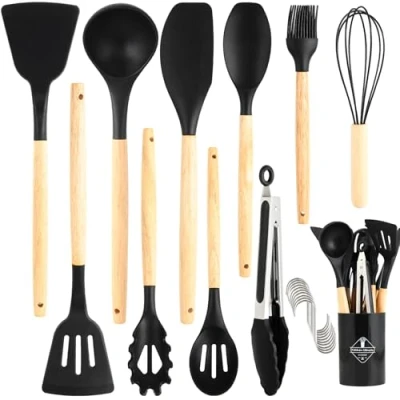 Afbeelding van Set van 22 siliconen kookgerei, antiaanbaklaag, vaatwasmachinebestendig, ideaal voor keuken, keukendecoratie en keukenlepels (11 x keukengerei) zwart