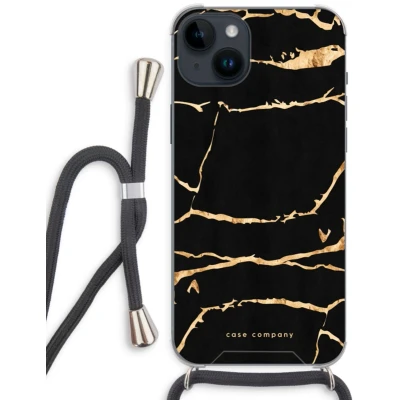 Afbeelding van Case Company® hoesje met Koord geschikt voor iPhone 14 Plus Gouden marmer Telefoonhoesje Zwart Extra Bescherming aan alle Kanten en Over de Schermrand