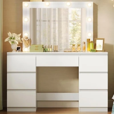 Afbeelding van WOLTU make uptafel, kaptafel met led spiegel, uptafel opbergruimte, 7 laden, instelbare helderheid, wit, 110 x 39,5 140,5 cm