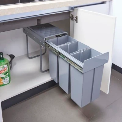 Afbeelding van [en.casa] Inbouwafvalemmer op schuifrails voor keuken, sorteersysteem onder de gootsteen, met 3 containers van 10 l, kunststof, staal, 48 x 26 42 cm, grijs