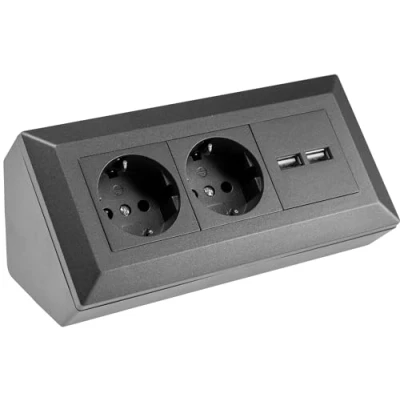 Afbeelding van ChiliTec 2 voudig USB A 3,1 hoekstekkerdoos voor keuken, kantoor, bouw, inbouwmontage, antraciet