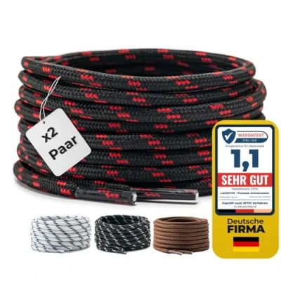 Afbeelding van LaceHype 2 paar ronde veters, diameter van 4,5 mm, voor laarzen, werkschoenen, outdoor en sportschoenen, reserveveters polyester, scheurvast zwart/rood, 150 cm