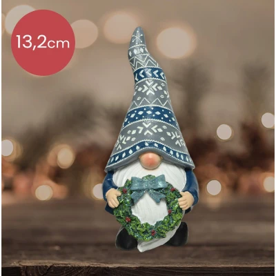 Afbeelding van Blauwe polyresin gnoom met krans en glitter 13,2cm