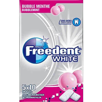 Image de FREEDENT WHITE Chewing gum Bubble Menthe sans sucres 5 paquets de 10 dragées 70g