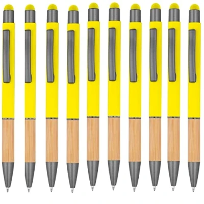 Afbeelding van noTrash2003 Balpen, 10 stuks, intrekbare balpennen, ergonomische balpennen met metalen punt, bamboe gripzone en touch functie, kleuren, veelkleurig, geel