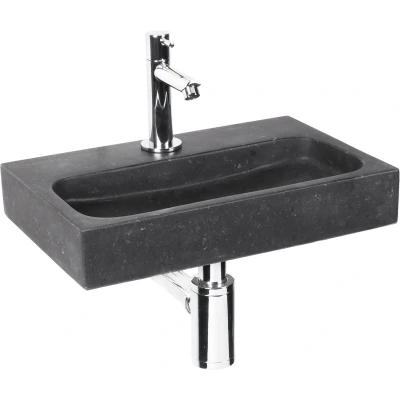 Afbeelding van Differnz Flat Small Fonteinset Wasbak Natuursteen Zwart Rechte Kraan Chroom Standaard Greep 38 x 24 7 cm