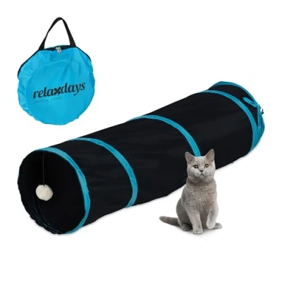 Afbeelding van Relaxdays kattentunnel 90 cm polyester met speeltje speeltunnel katten rond zwart