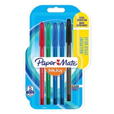 Afbeelding van Paper Mate InkJoy 100ST balpen met dop, fijne punt (0,7 mm), diverse kleuren, klassieke 5 stuks