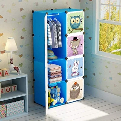 Afbeelding van BRIAN &amp; DANY Cartoon kledingkast, modulaire opbergorganizer, robuust en veilig voor kinderen, 6 kubussen 1 deel om op te hangen, blauw, 75 x 47 147 cm