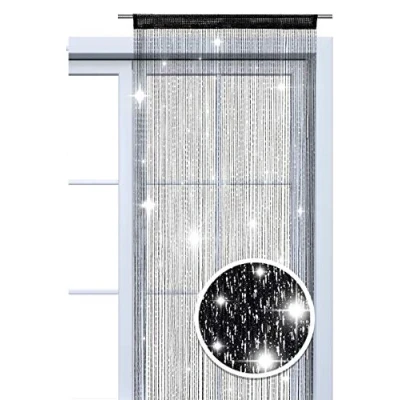 Afbeelding van Wometo Draadgordijn met pailletten, 90 x 245 cm, zwart/zilver, glanzend, decoratief, transparant, semi voor Kerstmis