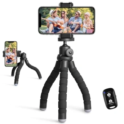 Afbeelding van Ubeesize mobiele telefoon statief, mini statief voor smartphone en camera, met bluetooth afstandsbediening, lichtzwart