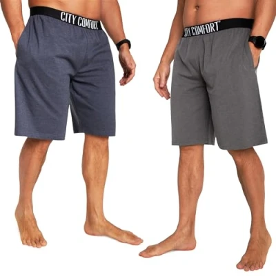 Afbeelding van Pyjamabroek voor heren, kort, pyjashort van katoen, elastische taille met zakken, homewear 2 stuks, marineblauw/grijs