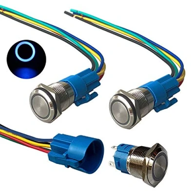 Afbeelding van QitinDasen 3 stuks premium 12 V/24 V 5 A momentdrukknopschakelaar, drukknop schakelaar 19 mm, blauwe led schakelaar, waterdicht, IP67, met stekkerkabel