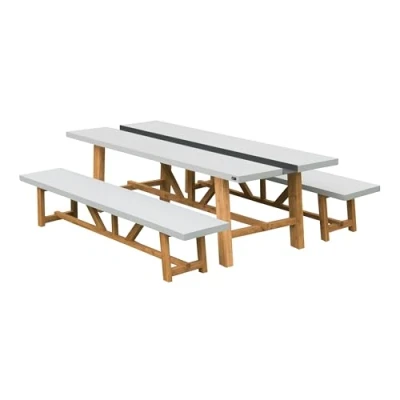 Afbeelding van AXI Aaron Tuinset met 2 banken van acaciahout en cement in Kalksteen look Picknicktafel hout losse 1 tafelblad metalen gleuf 240 x 40 45 cm