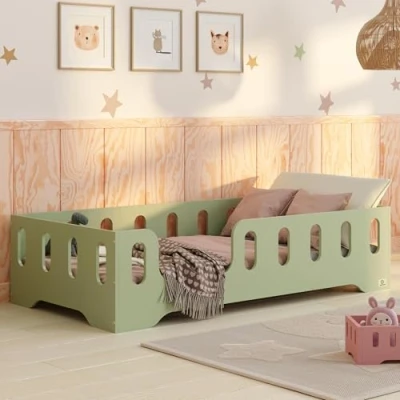 Afbeelding van smartwood kinderbed 1 met valbescherming en lattenframe, groen, Montessori TILA 2L gladde randen, 70 x 140 cm