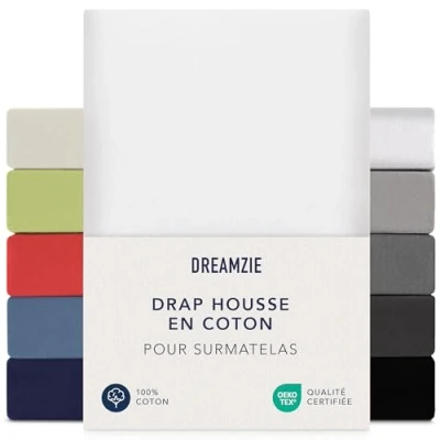 Afbeelding van Dreamzie Hoeslaken Boxspring 90 x 200 cm 100 cm, jersey 100% katoen, matrashoogte tot 37 hypoallergeen, Oeko Tex, wit