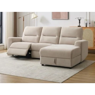 Afbeelding van Vente unique Elektrische relaxhoekbank met hoek rechts opbergruimte van beige stof BURIOCA L 250 cm x H 97 D 164