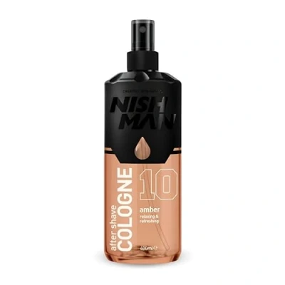 Image de NISHMAN Aftershave Cologne 10 Amber 400ml Lotion Après Rasage Rafraîchissante pour Hommes Parfum de Vanille, Bois Santal, Notes Fruitées &amp; Florales Homme