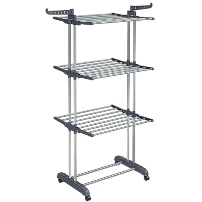 Afbeelding van Grote kledingluchter, opvouwbaar droogrek voor kleren 4 niveaus, beweegbare kleding paard, 64 x 126 172 cm, roestvrij staal, vouwvleugels, eenvoudige montage, binnen buiten gebruik, grijs