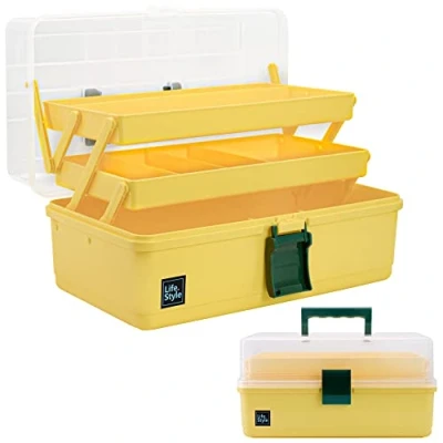 Afbeelding van 33cm multifunctionele opbergdoos met 3 planken, sorteerdoos, organizerdoos, knutseldoos, naaidoos, medicijnkoffer, gereedschapskist, viskoffer 2 planken (geel)