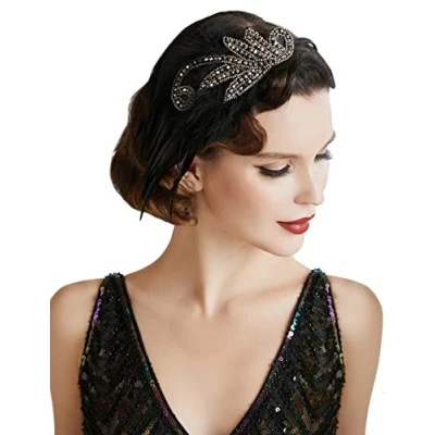 Afbeelding van BABEYOND hoofdband Gatsby kristal jaren 20 veer flapper accessoires Charleston vintage zwart