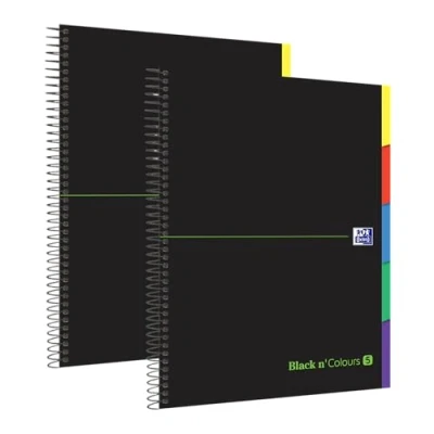 Afbeelding van Oxford Black N&#039;Colours Notitieboek, A4+, microgeperforeerd, extra harde kaft, 100 vellen, 5 x geruit, 2 notitieboeken, tabbladen