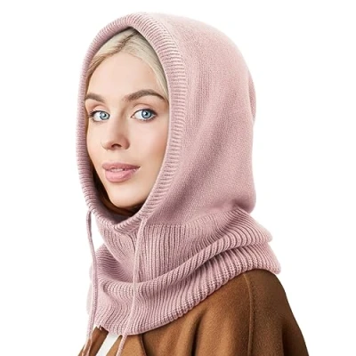Afbeelding van DRESHOW Winterhoeden voor dames, balaclava gebreide beanie schedel pet met trekkoord hoed sjaal capuchon, 1 x capuchonhoed: A roze