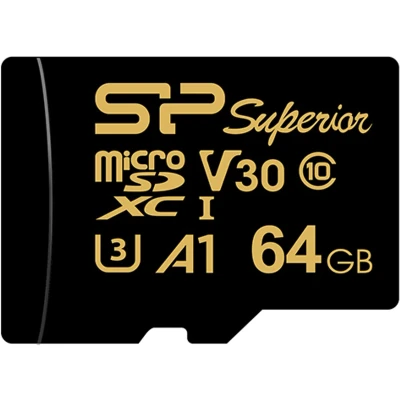 Afbeelding van Silicon Power 64Go MicroSD kaart Gouden (microSDXC, 64 GB, U3, UHS I), Geheugenkaart, Zwart